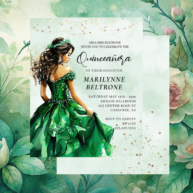 Carton d'invitation de Quinceañera princesse vert  (Créateur téléchargé)