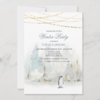 Carton d'invitation pingouin fête d'hiver aquarell