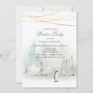 Carton d'invitation pingouin fête d'hiver aquarell