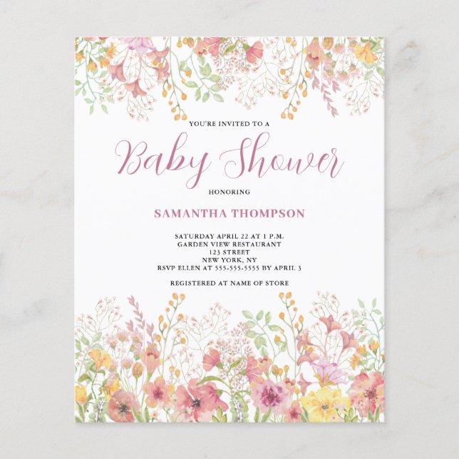 Carton d'invitation pour Baby Shower à fleurs rose (Devant)