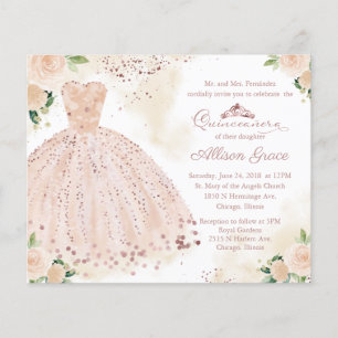 Carton d'invitation Quinceanera bilingue robe rose