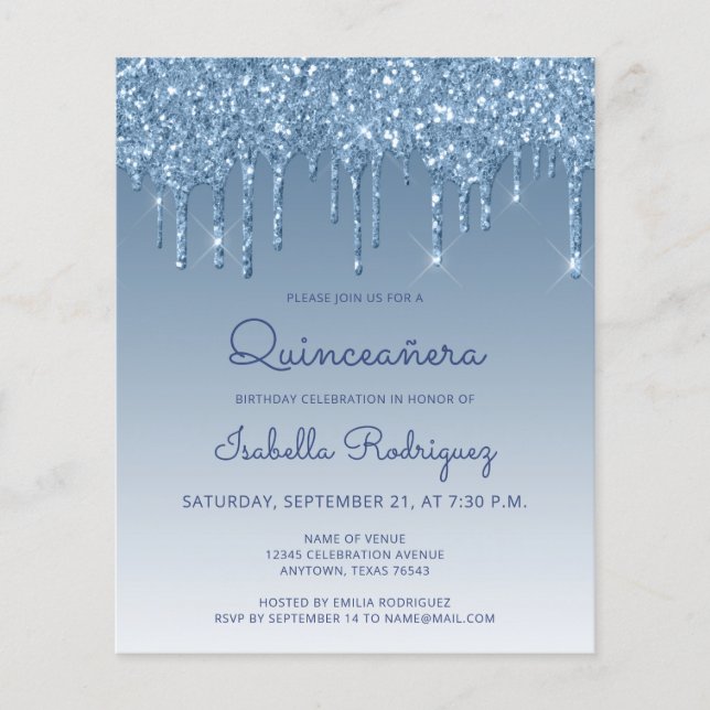 Carton d'invitation Quinceañera bleu avec goutte d (Devant)
