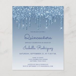 Carton d'invitation Quinceañera bleu avec goutte d