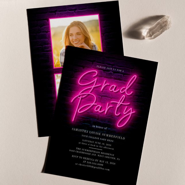 Carton d'invitation rose néon pour fête de remise  (Graduation Script Neon Pink Grad Photos Grad Party Invitation)