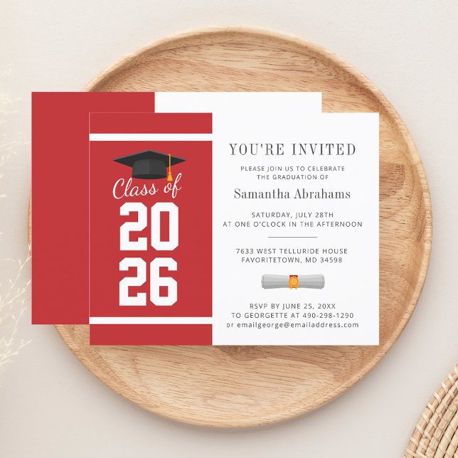 Carton d'invitation Simple Rouge Blanc 2026 pour l (Graduation 2025 Red White Typography Party Invitation)