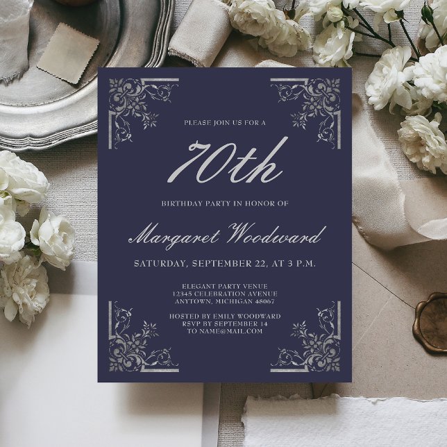 Carton d'invitation vintage bleu marine argent pou (Créateur téléchargé)