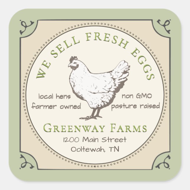 Carton d'oeuf jaune et vert Étiquette avec Hen Vin (Devant)