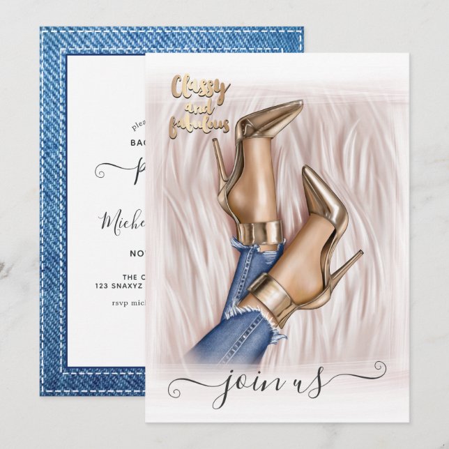 Carton et invitation de bachelorette de mode d'or (Devant / Derrière)