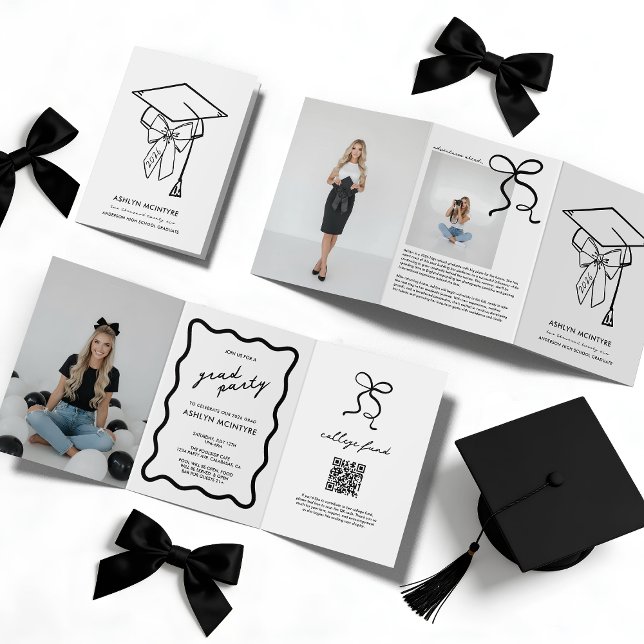 Carton et Ruban Invitation de remise des diplômes  (Grad Cap and Bow Tri-Fold Invitation with Photos)