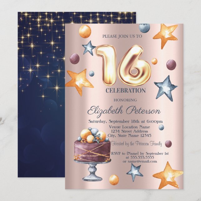 Carton Étoiles Navy Blue Rose Gold Invitation Swee (Devant / Derrière)