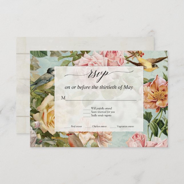 Carton RSVP Bois Rustique Roses Aqua Fleurs Élégan (Devant / Derrière)