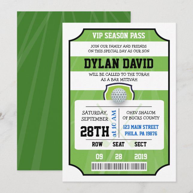 CARTON VIP BILLET GOLF Bar Bat Mitzvah Invitation (Devant / Derrière)