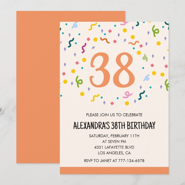 Cartons de fête simples 38e invitations d'annivers (Devant / Derrière)