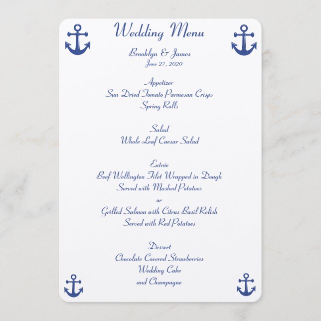 Cartons de menu de mariage nautique personnalisés (Devant)