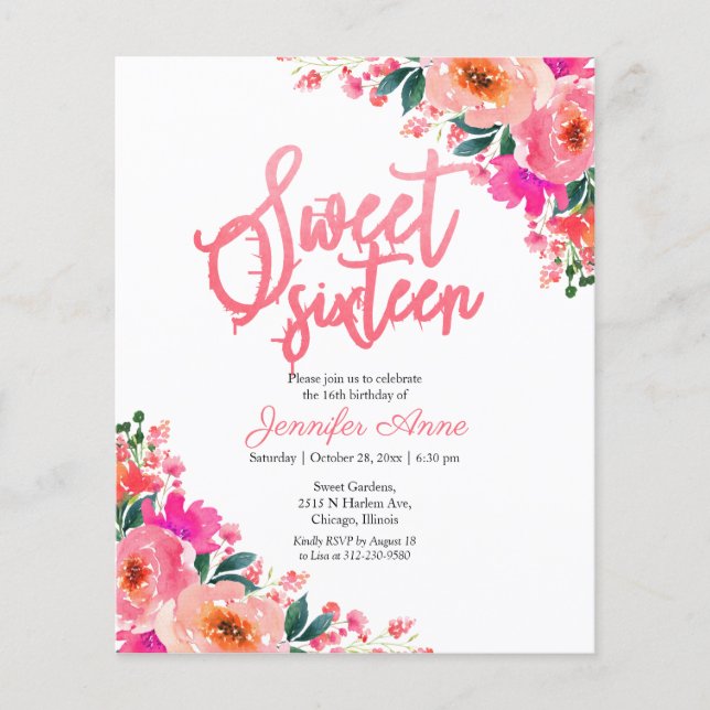 Cartons d'invitation Budget Sweet 16 Fleurs rose v (Devant)