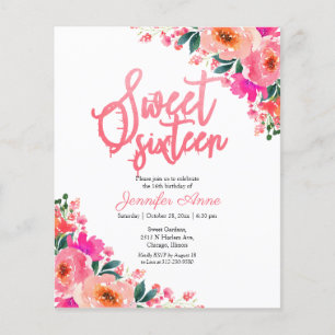 Cartons d'invitation Budget Sweet 16 Fleurs rose v