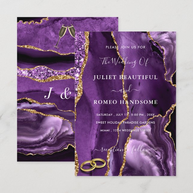 Cartons d'invitation de mariage à paillettes d'or  (Devant / Derrière)