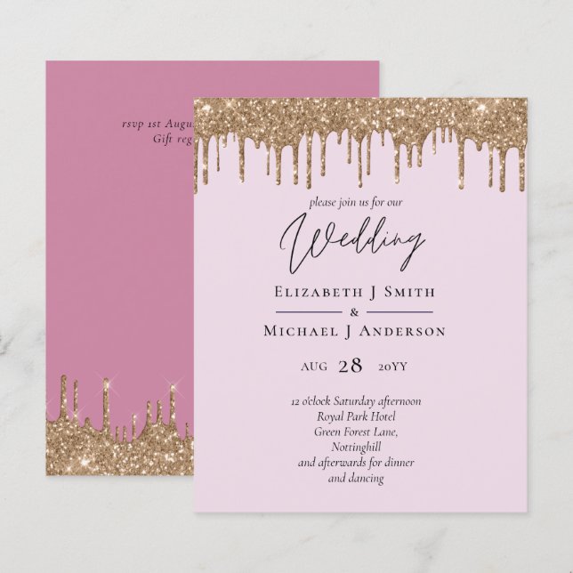 Cartons d'invitation de mariage à paillettes rose  (Devant / Derrière)
