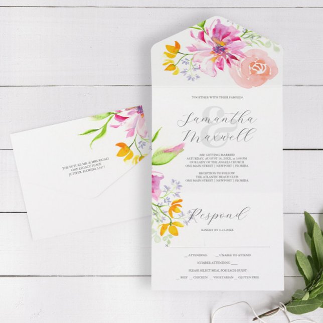 Cartons d'invitation de mariage avec carte RSVP Fl (Affordable wedding invitation with rsvp card watercolor pink floral art by Victoria Grigaliunas)