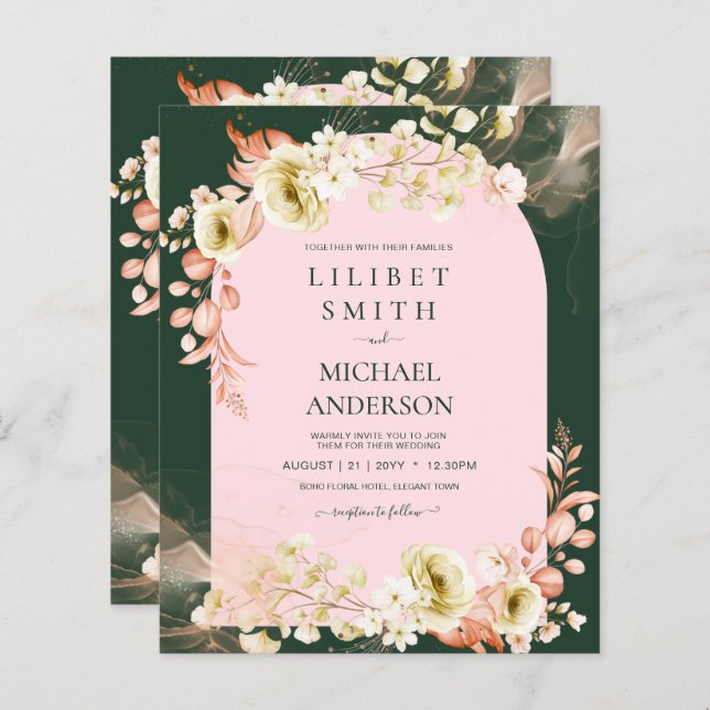 Cartons d'invitation de mariage Floral Vert PINK d (Devant / Derrière)