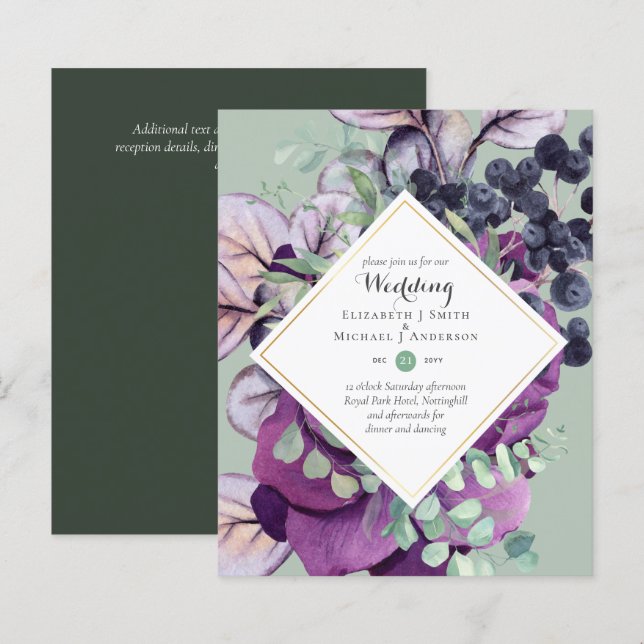 Cartons d'invitation de mariage floraux violets et (Devant / Derrière)