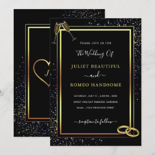 Cartons d'invitation de mariage pailletés or noir