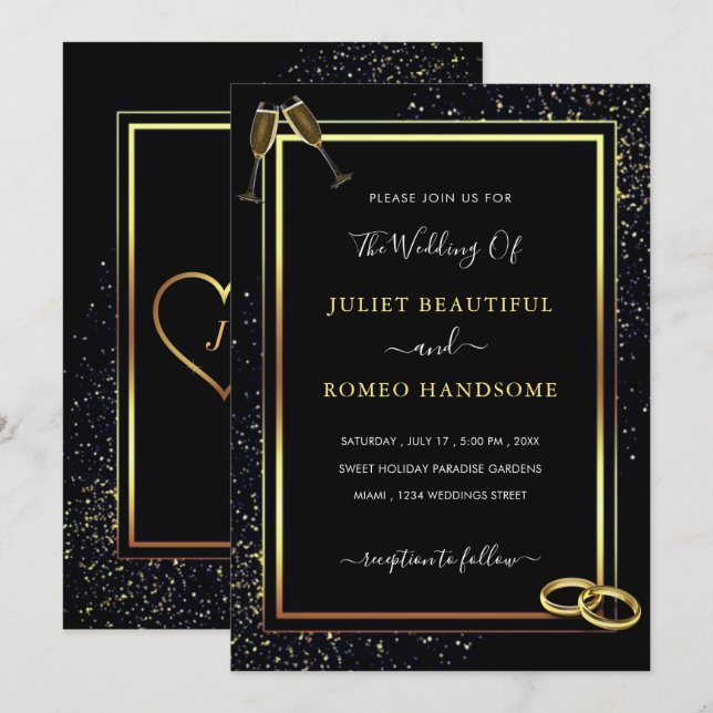 Cartons d'invitation de mariage pailletés or noir  (Devant / Derrière)