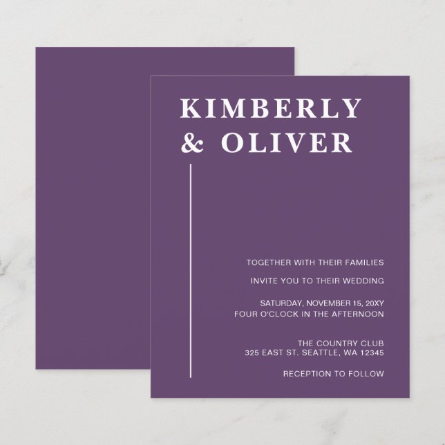 Cartons d'invitation de mariage violet moderne à b (Devant / Derrière)