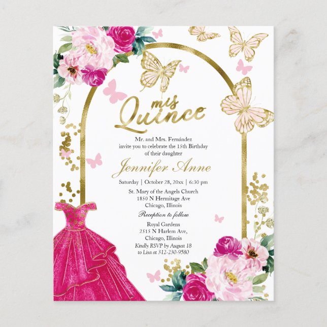 Cartons d'invitation Quince Butterfly Budget Rose  (Devant)