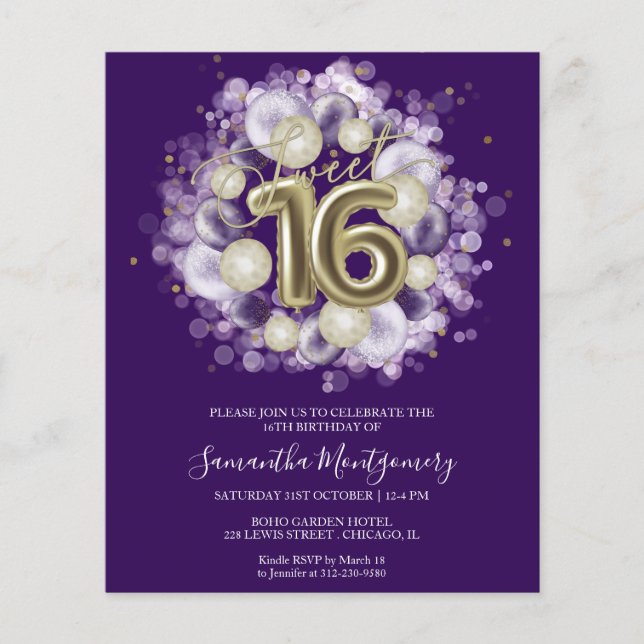 Cartons d'invitation Sweet 16 avec ballons et feui (Devant)