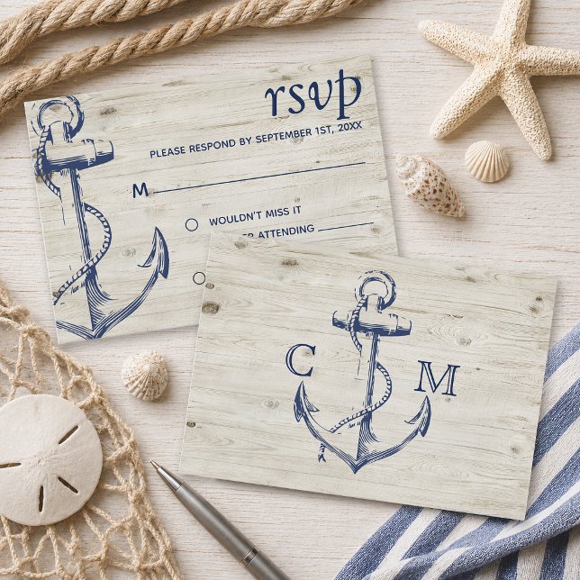 Cartons Réponse Ancre de marine en bois (Tie the knot with this navy nautical sketch anchor with rustic wood wedding invitation.)