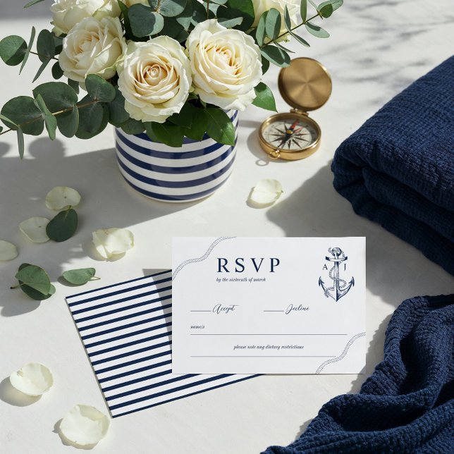 Cartons Réponse Ancre et corde Monogramme nautique Marine et Blanc (Anchor & Rope Nautical Monogram Navy & White RSVP Card)