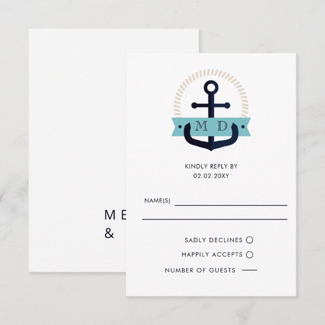 Cartons Réponse Ancre marine moderne Monogramme nautique Mariage R (Devant / Derrière)