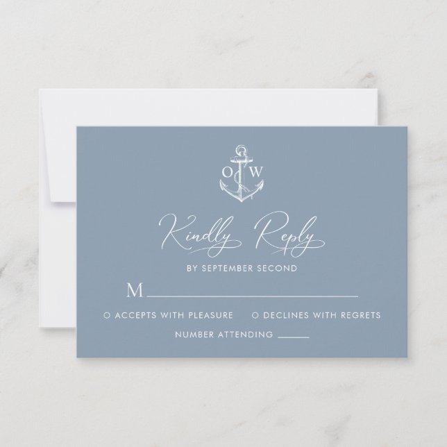 Cartons Réponse Ancre nautique Dusty Blue Monogram Mariage (Devant)