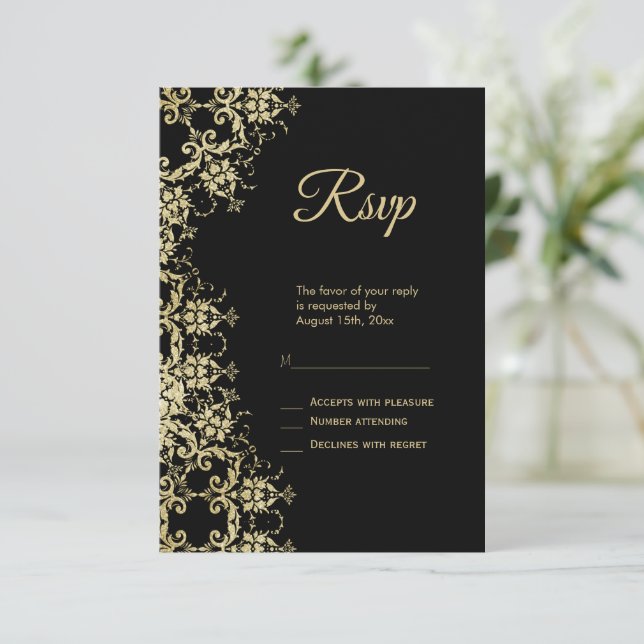 Cartons Réponse Anniversaire Classy Gold & Black Damask (Debout devant)