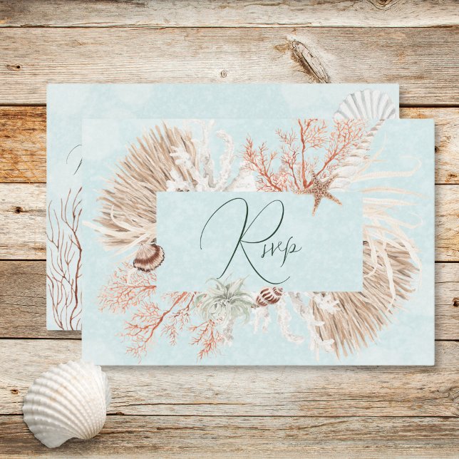 Cartons Réponse Aqua Ocean Shells QR Code Mariage (Modern Aqua Ocean Shells QR Code Wedding RSVP Card)