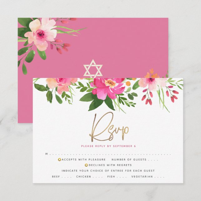Cartons Réponse Aquarelle bat mitzvah rose Floral or Script (Devant / Derrière)