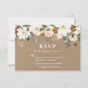 Cartons Réponse Aquarelle blanc Magnolias Rose Mariage Kraft