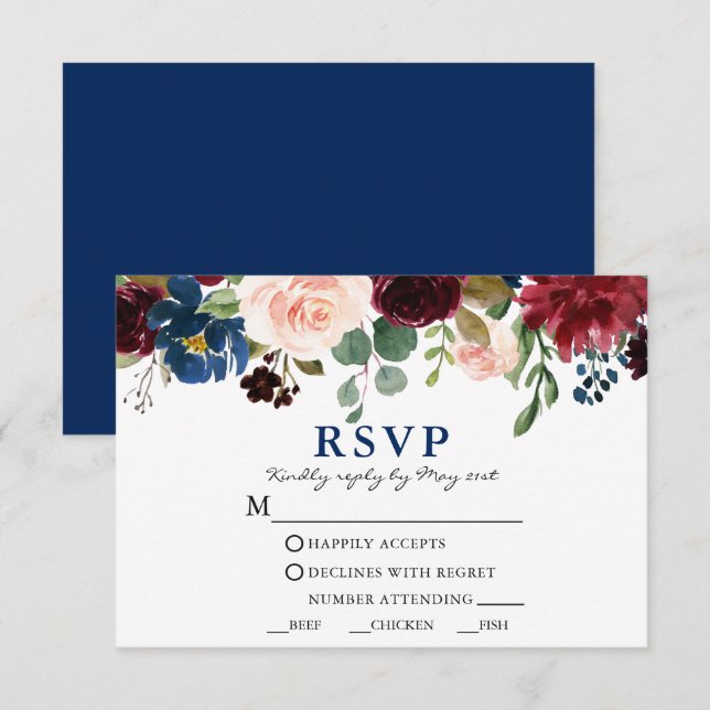 Cartons Réponse Aquarelle bleu classique Repas Mariage Floral (Devant / Derrière)