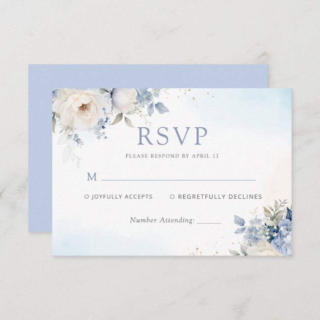 Cartons Réponse Aquarelle bleu Dusty Mariage végétal (Devant / Derrière)