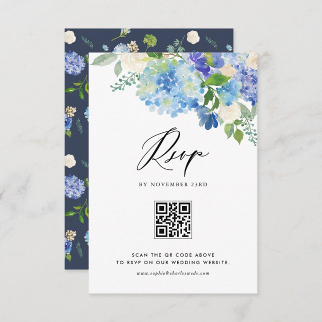 Cartons Réponse Aquarelle bleu Hydrangea Fleurs Mariage QR Code (Devant / Derrière)