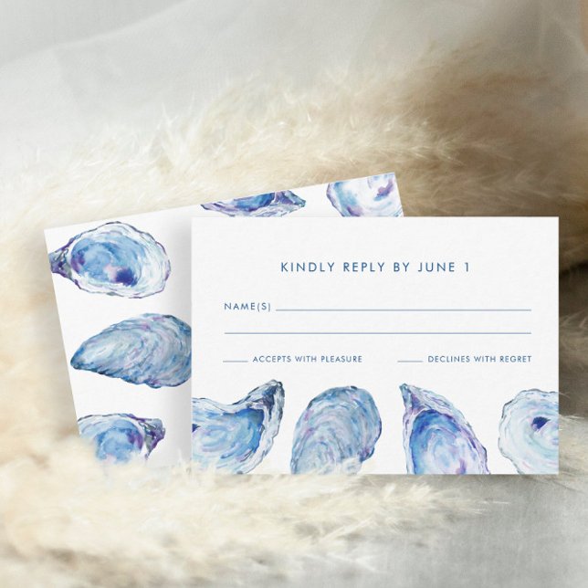 Cartons Réponse Aquarelle bleu Mariage (Oyster Watercolor RSVP Card with names in a blue coastal design from Concertina Press)