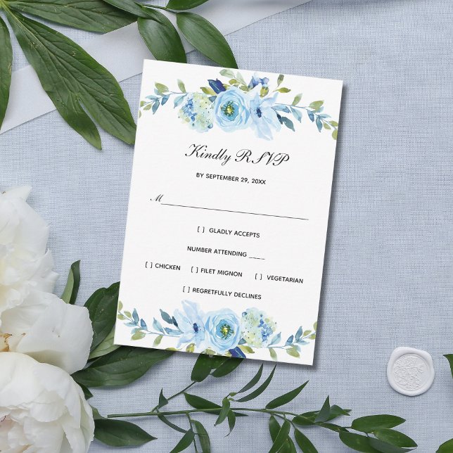 Cartons Réponse Aquarelle bleu vert Floral Mariage élégant (Blue green Floral Watercolor Wedding RSVP card)