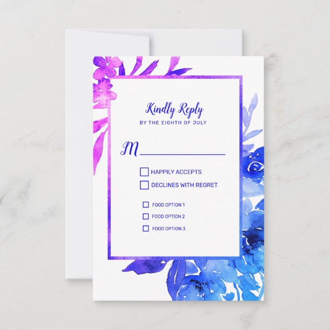 Cartons Réponse Aquarelle bleu violet couleur florale mariage cart (Devant)