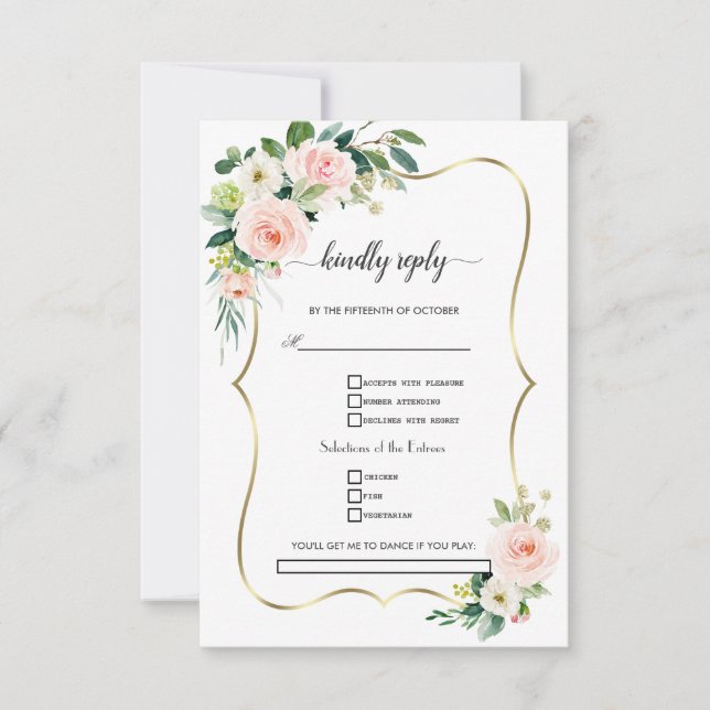 Cartons Réponse Aquarelle Blush Fleurs d'ivoire Mariage or (Devant)
