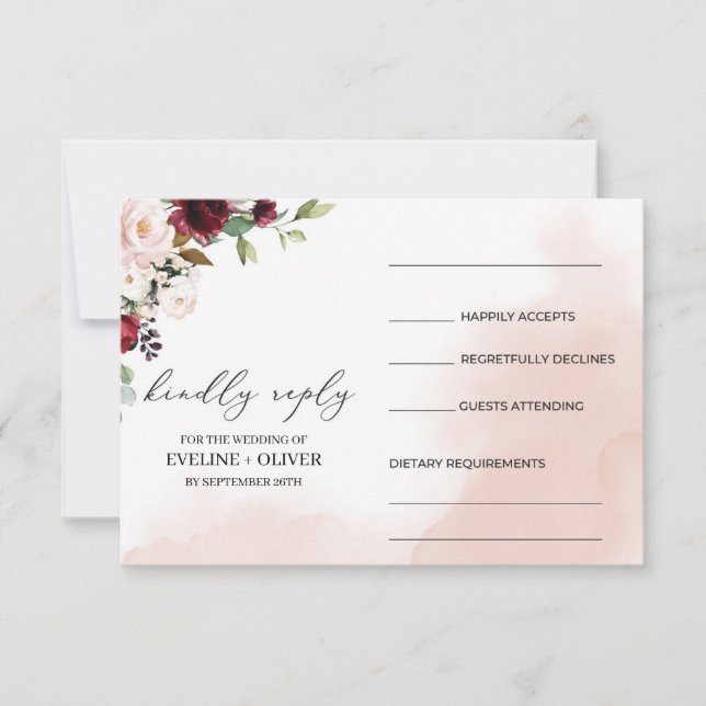 Cartons Réponse Aquarelle bordeaux bleu rose mariage (Devant)