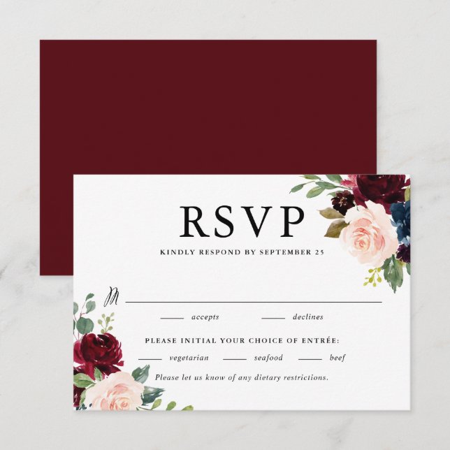 Cartons Réponse Aquarelle Bourgogne et Mariage de fleurs bleues (Devant / Derrière)