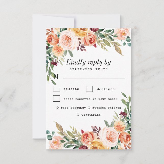 Cartons Réponse Aquarelle choix repas Blush Bourgogne Mariage (Devant)