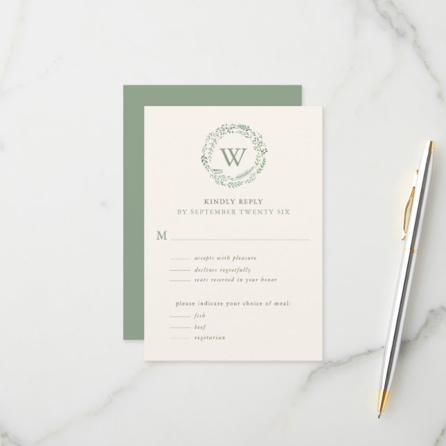 Cartons Réponse Aquarelle Classy Verdure Wreath Monogramme w Repas (Devant/Arrière en situation)