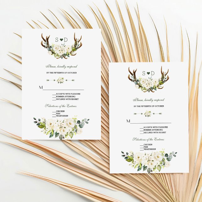 Cartons Réponse Aquarelle Crème Blanc Floral Antlers Mariage (Créateur téléchargé)